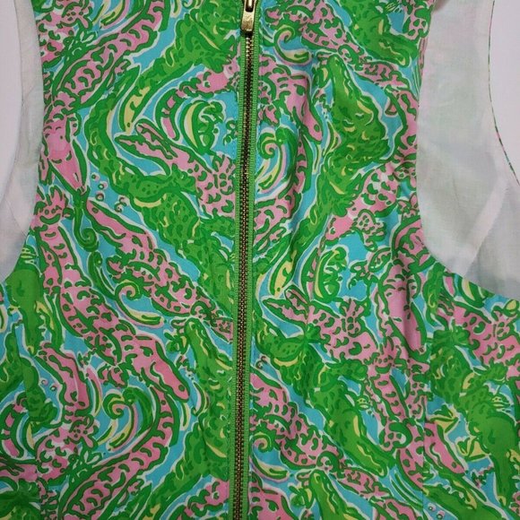 Lilly Pulitzer Green Pink Alligator Print Beaded Dress Size 4 Pink Label scallop - Picture 7 of 9